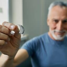 Senior man holding up a BTE hearing aid.