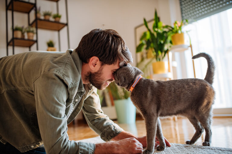 A man and his cat affectionately bump heads at home