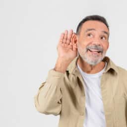 Man on white background holding his hand to his ear